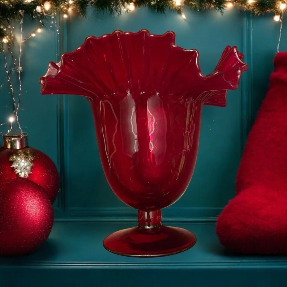 VTG Blenko #388 Ruby Red Art Glass Ruffled Pedestal Vase Mid Century Modern MCM